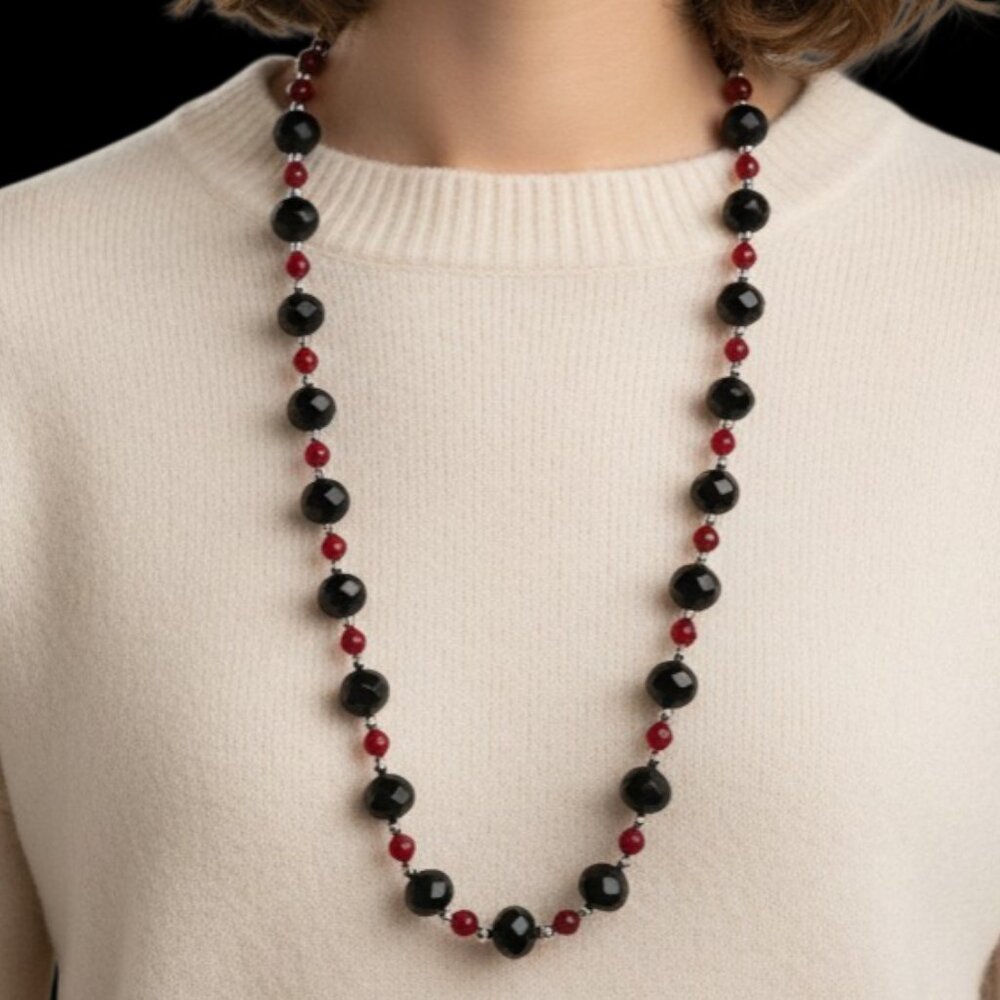 Handmade Fashion Jewelry 34 Inch Chunky Black & Red Glass Beaded Necklace